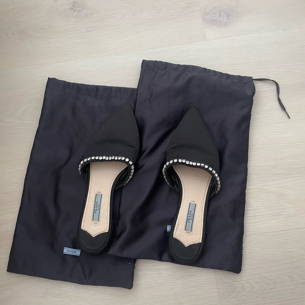 Prada Black Satin Pointed Toe Embellished Mule